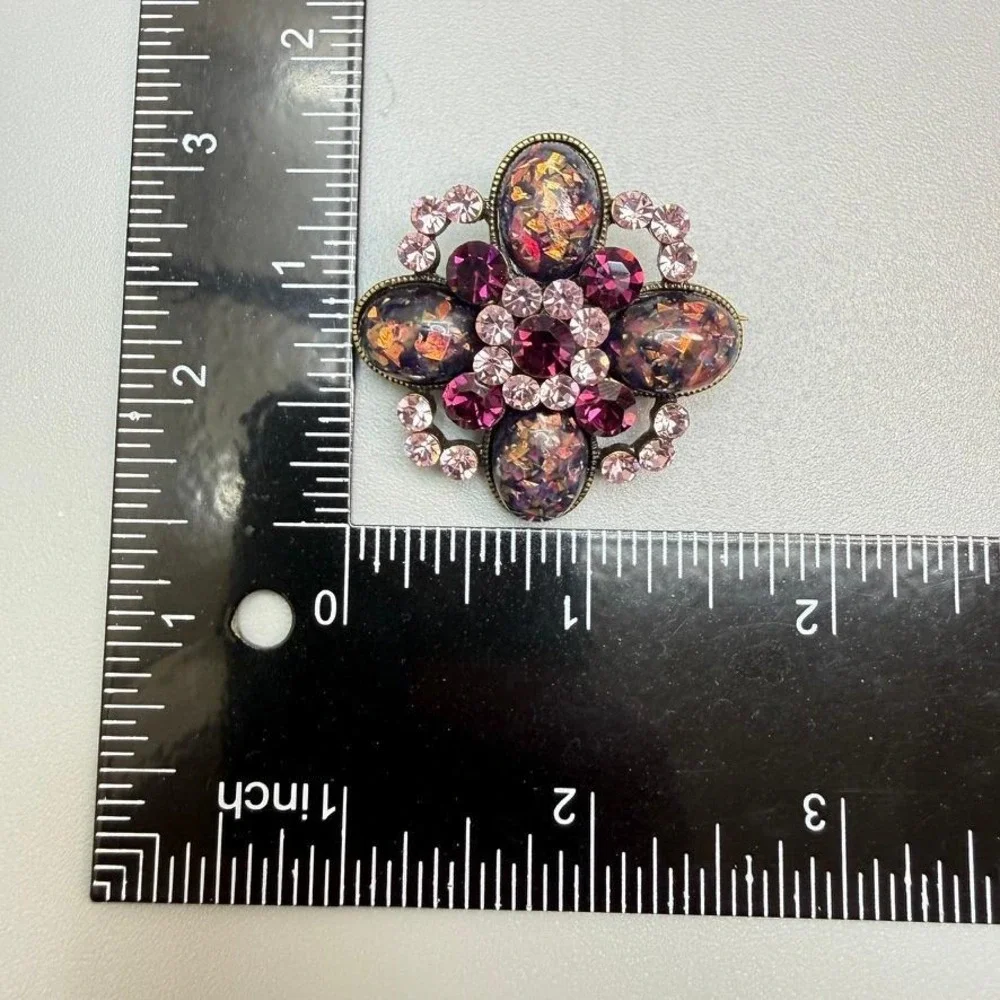 Purple‎ Pink Confetti Glass Rhinestone Floral Brooch Foiled Statement